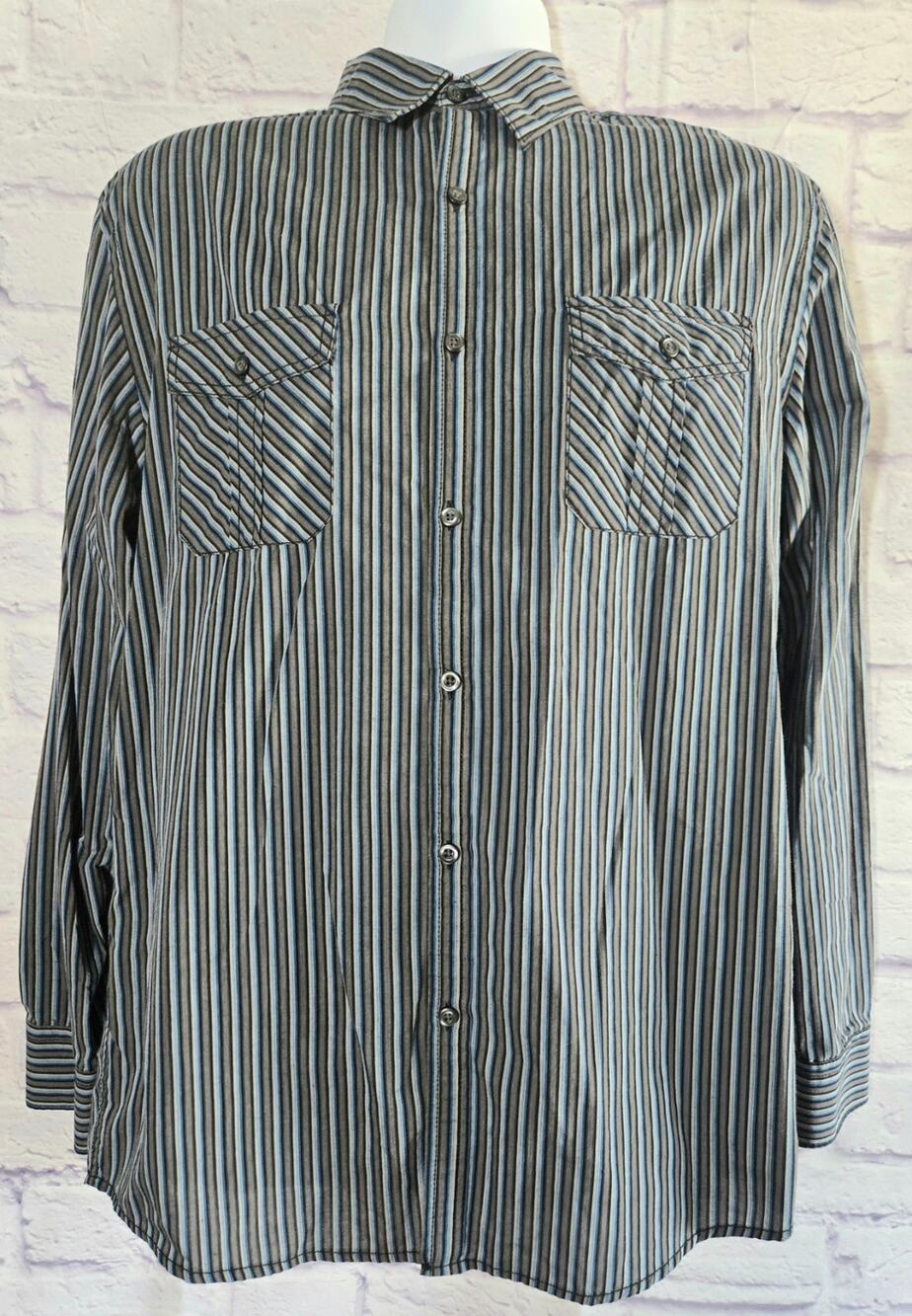 Axist Black Blue Striped Roll Tab Sleeve Button Up Men's Shirt Medium
